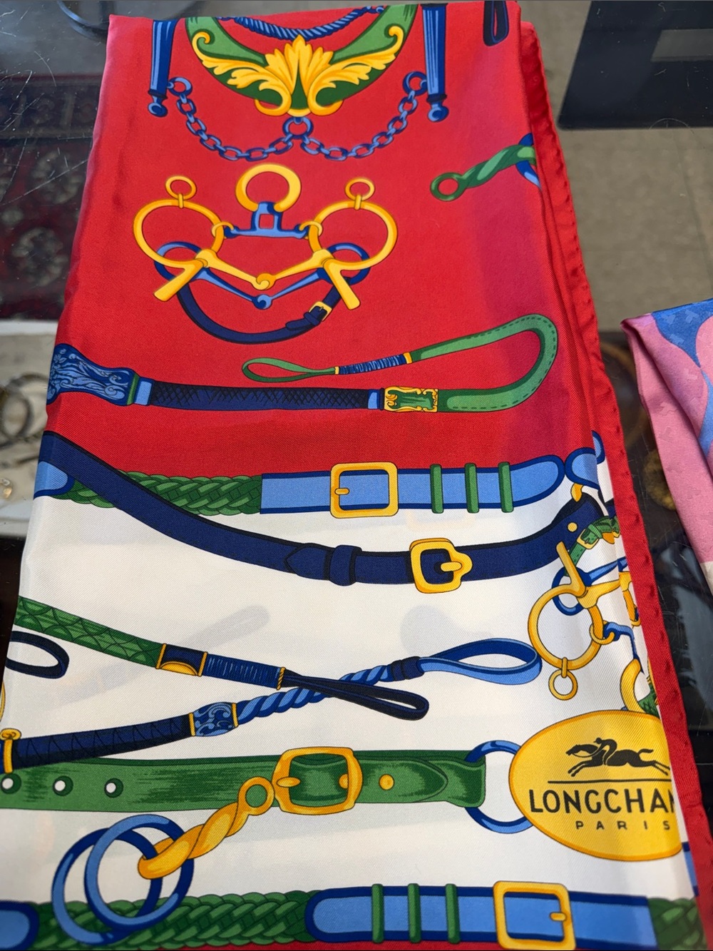 Longchamp Red White Green Blue Gold Print Silk Scarf
